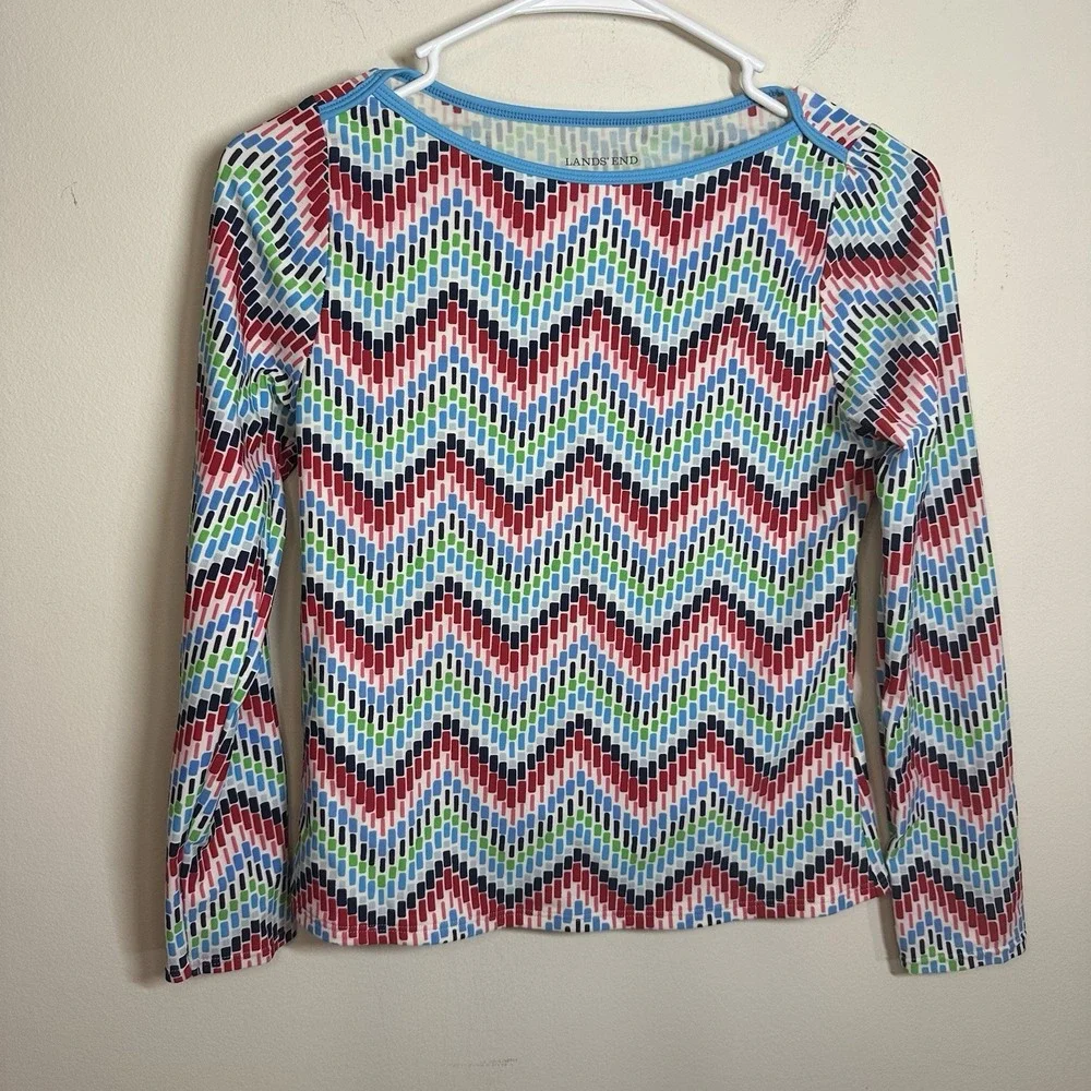 Lands' End‎ Girls Size 12 Rash Guard Chevron Print Long Sleeve Boat Neck Stretch